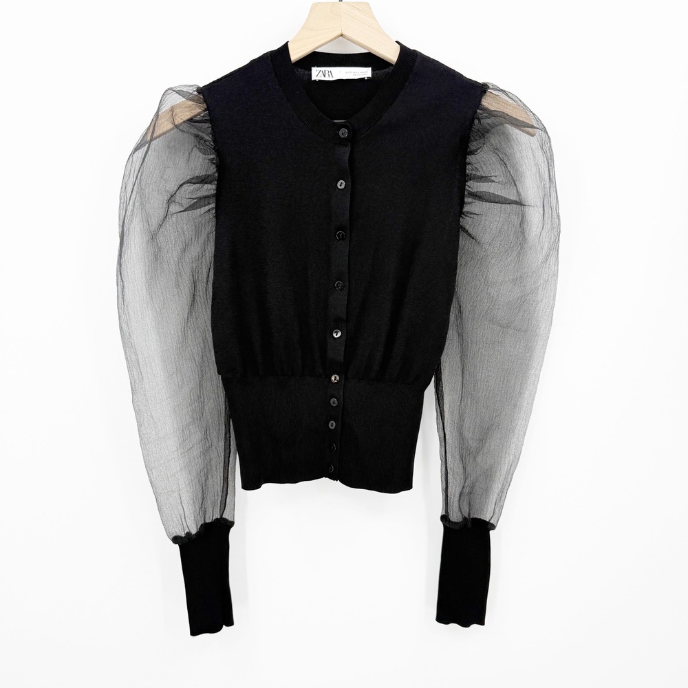 Zara Black Knit Blouse S Organza Sheer Puff Sleeve Button Frot Gothic Mob Wife